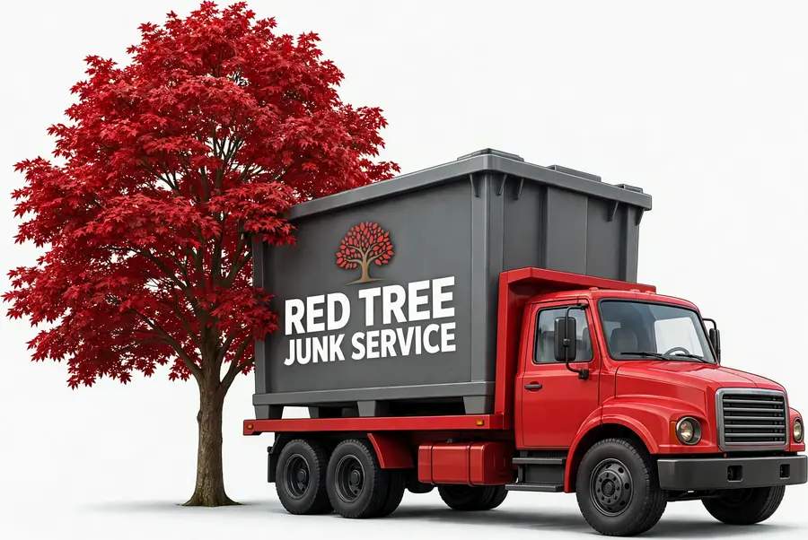 Redtree Junk Service logo — red truck with a bin beside a big red tree