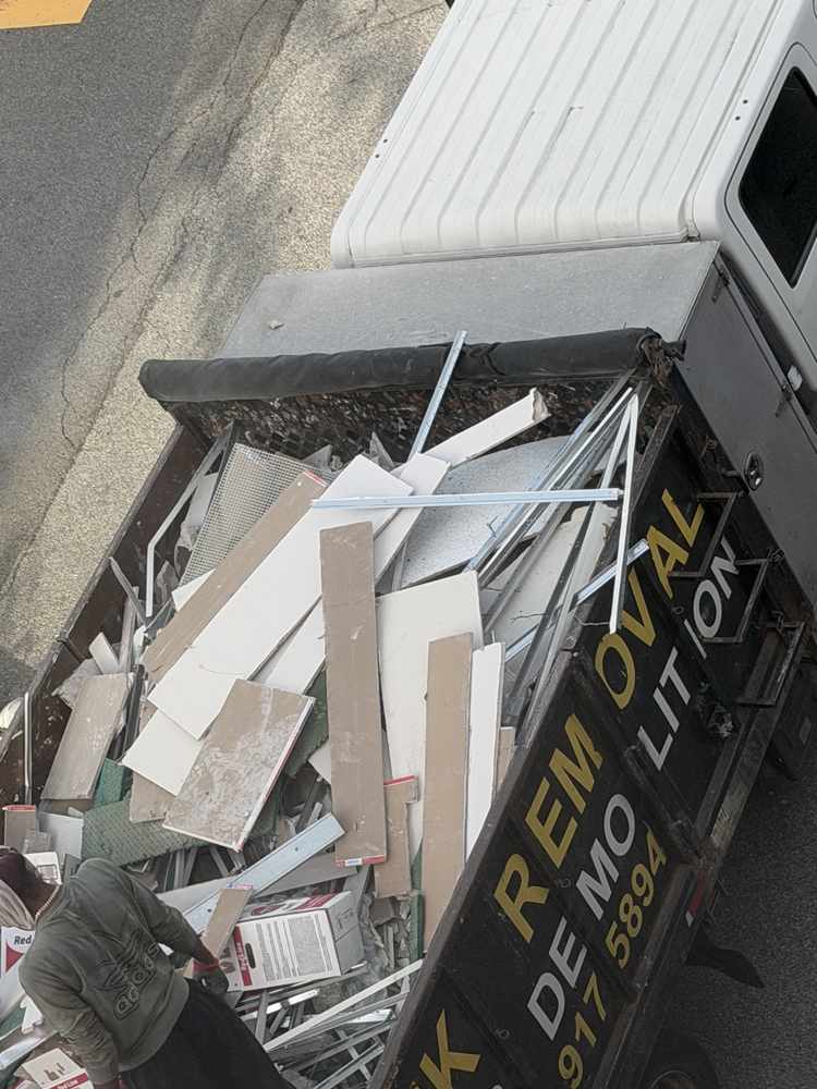 Redtree truck bed full of drywall boards and demolition debris